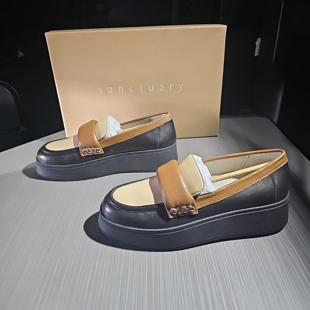 Sanctuary Peacemaker Leather‎ Platform Loafers Shoes Black/Oat/SPC Women's 5.5M